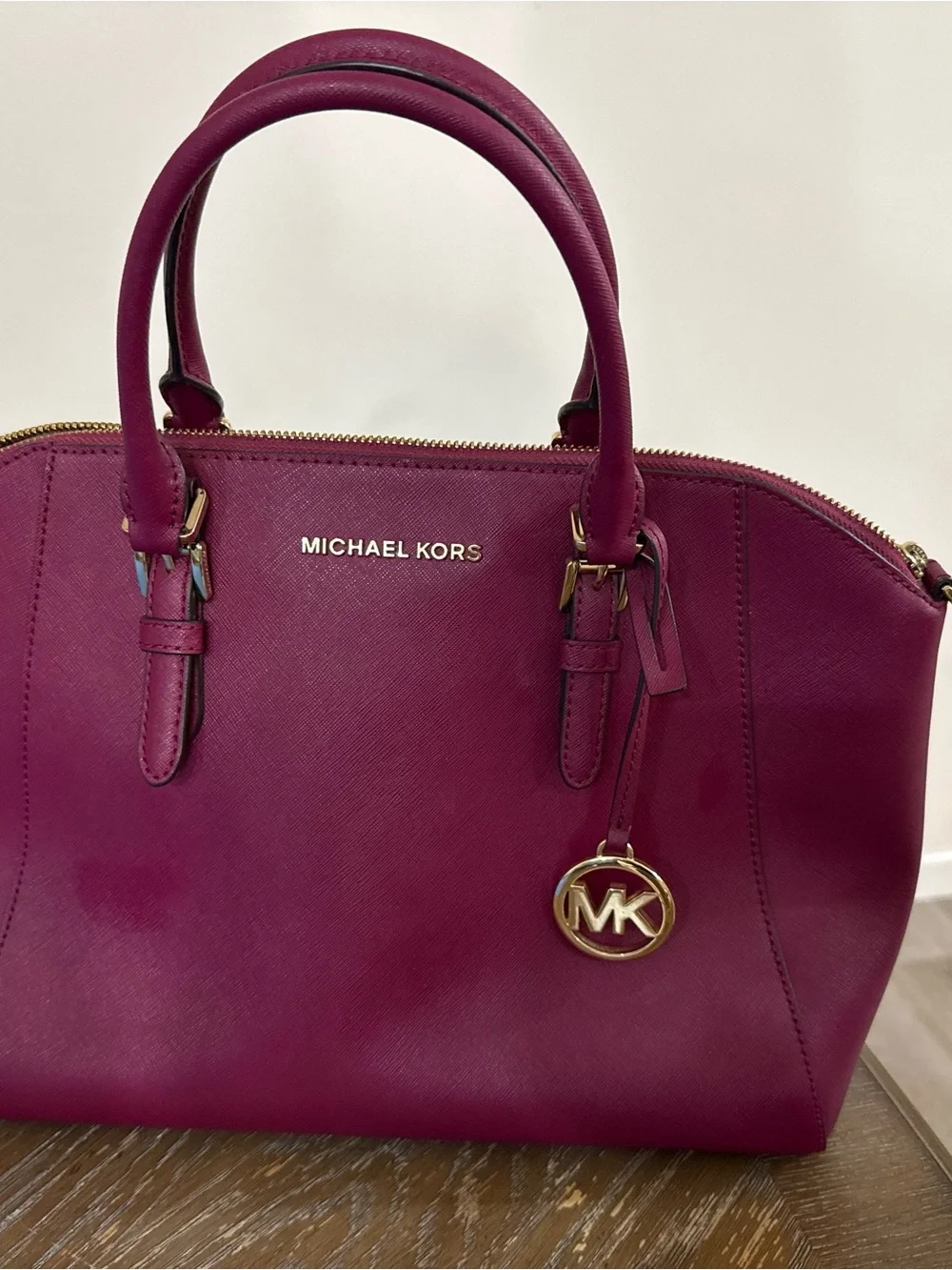Michael Kors Pink Saffiano Leather Satchel with Gold Hardware